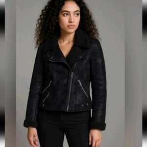 American Eagle Womens Black Faux Suede Trendy Warm Moto Jacket Shearling Lined M
